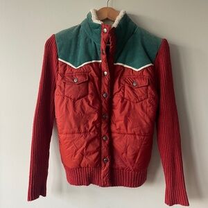 Vintage sweater/puffer jacket with corduroy and shearling wool detail.